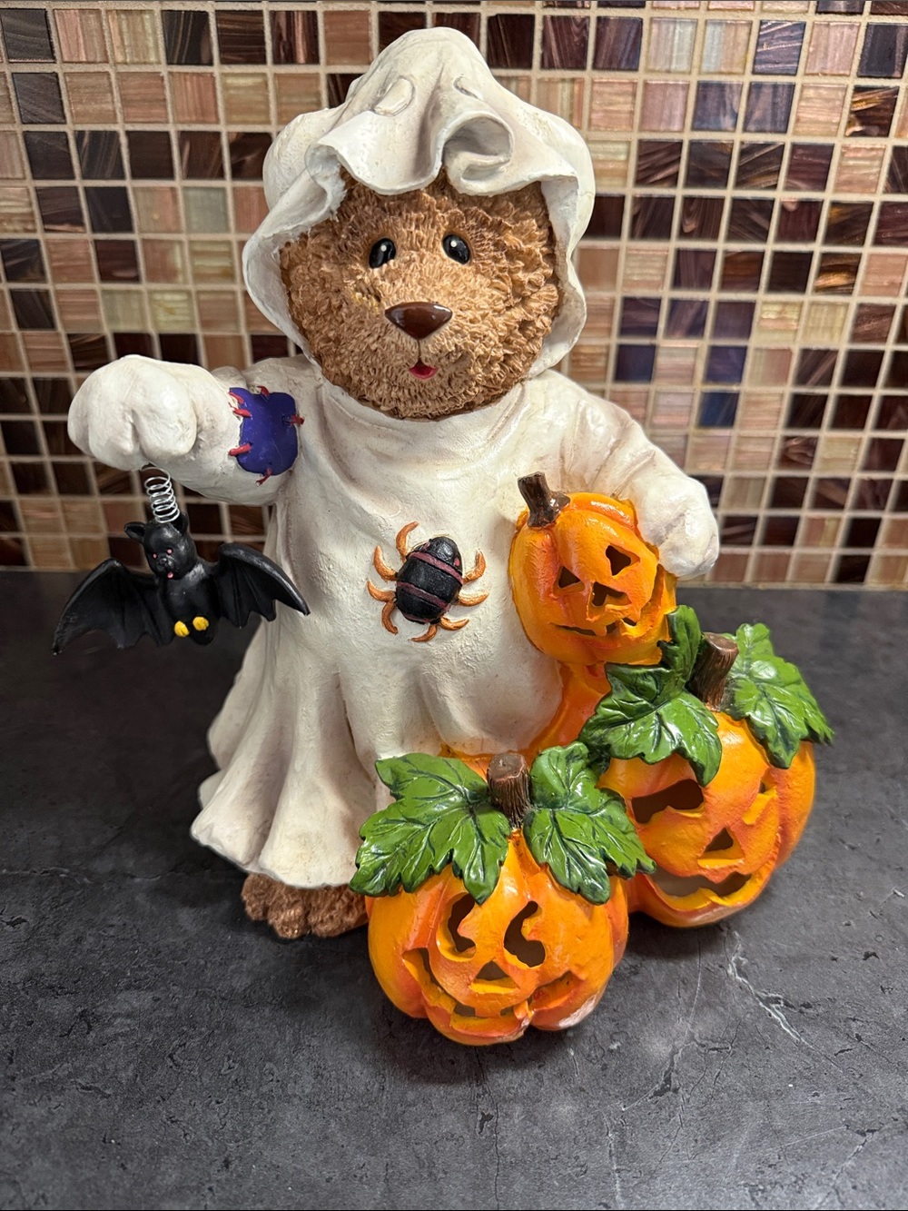 10” Halloween bear with pumpkins and springy bat, resin
